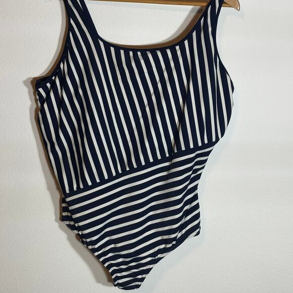 Lands End Swimsuit Chlorine Resistant Soft Cup One Piece 22W Blue Stripes - Picture 1 of 6